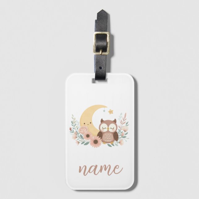 Cute baby owl with moon luggage tag (Front Vertical)