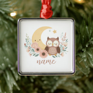 Cute baby owl with moon metal ornament