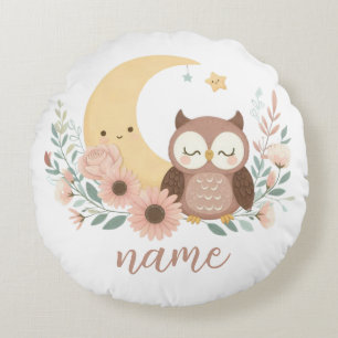 Cute baby owl with moon round cushion