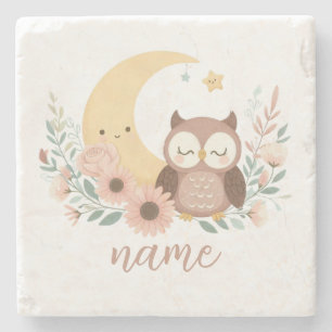 Cute baby owl with moon stone coaster