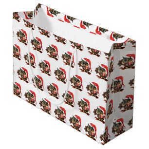 Cute Baby Owls In Christmas Hat and Gift - Fun Large Gift Bag