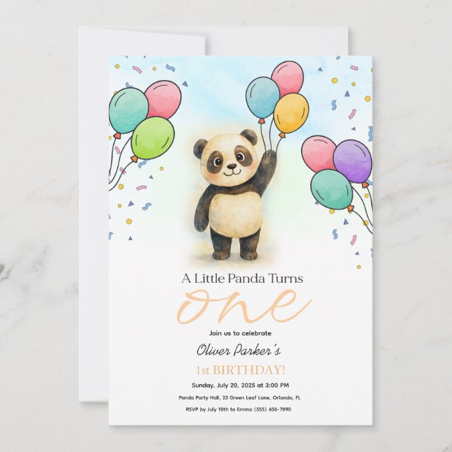 Cute Baby Panda Balloon 1st Birthday Party Peach Invitation (Front)