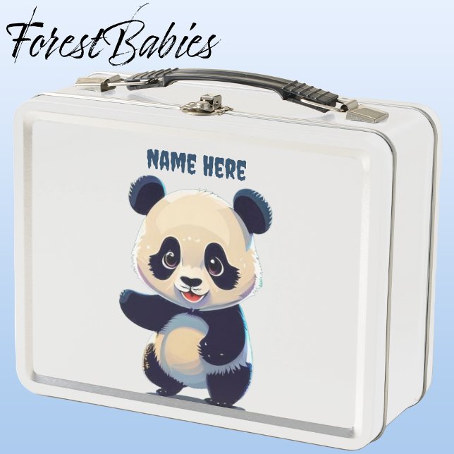 Cute Baby Panda Bear Kid's Animal Cartoon Graphic Metal Lunch Box (🐼 Panda Bear, White ForestBabies Lunch Box)