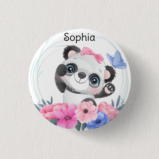 Cute Baby Panda Flower Wreath Custom Name      3 Cm Round Badge (Front)