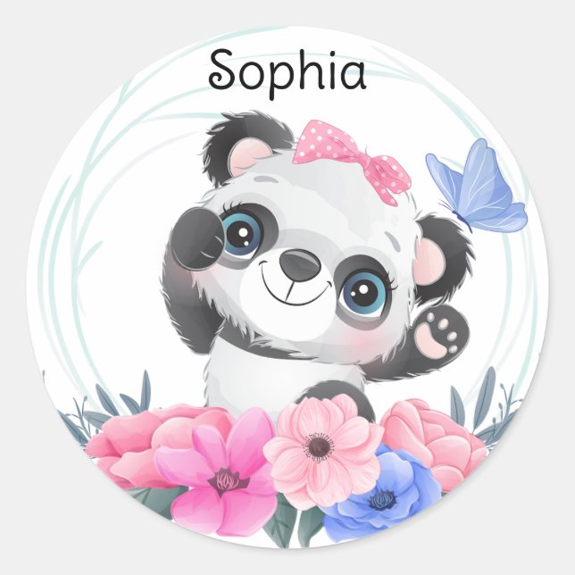 Cute Baby Panda Flower Wreath Custom Name       Classic Round Sticker (Front)