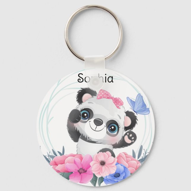 Cute Baby Panda Flower Wreath Custom Name     Keyc Key Ring (Front)