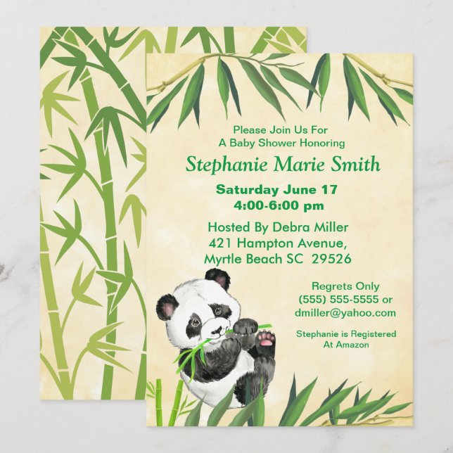 Cute Baby Panda Green Bamboo Baby Shower   Invitation (Front/Back)
