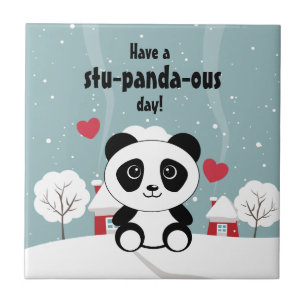 Cute Baby Panda In Winter Snow Grey Ceramic Tile