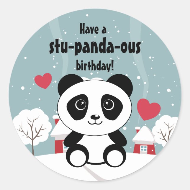Cute Baby Panda In Winter Snow Grey Classic Round Sticker (Front)