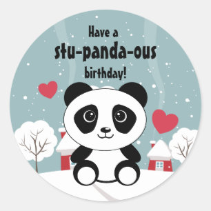 Cute Baby Panda In Winter Snow Grey Classic Round Sticker