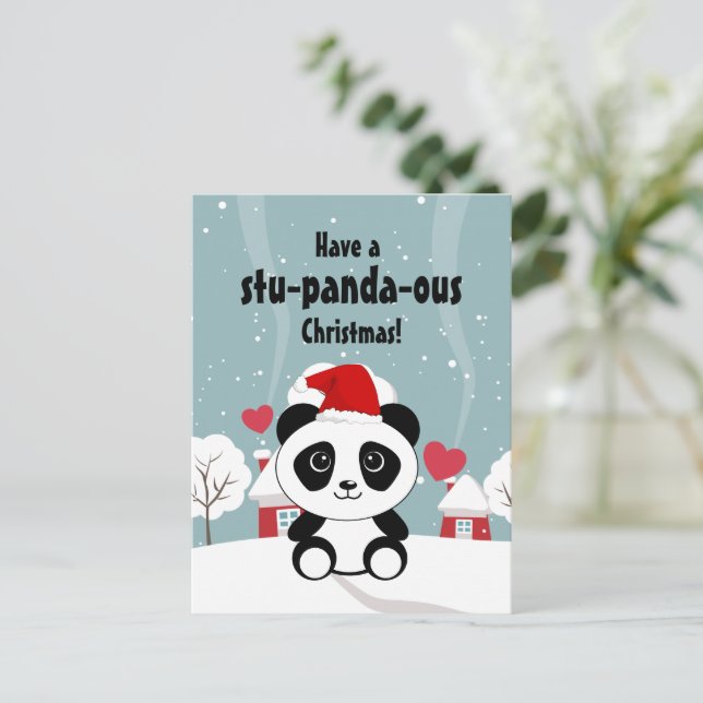 Cute Baby Panda In Winter Snow Grey Holiday Postcard (Standing Front)