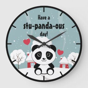 Cute Baby Panda In Winter Snow Grey Large Clock