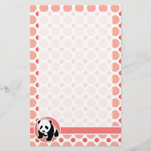 Cute Baby Panda; Pink & Coral Polka Dots Stationery (Front)