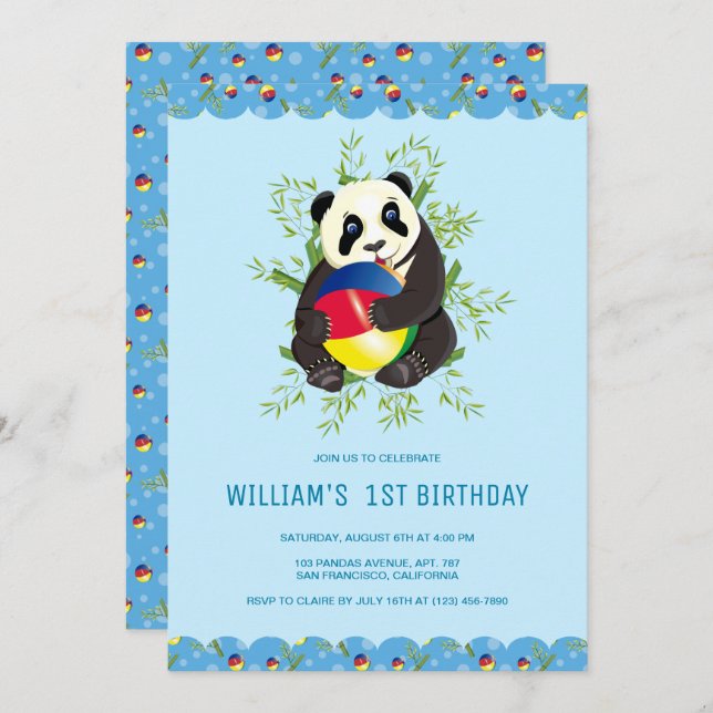 Cute Baby Panda Playing Ball 1st Birthday Party Invitation (Front/Back)