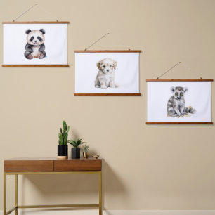 Cute baby panda, puppy and lemur hanging tapestry