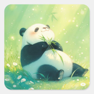 Cute Baby Panda Snacking on Bamboo Square Sticker