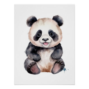 Cute baby panda watercolor poster