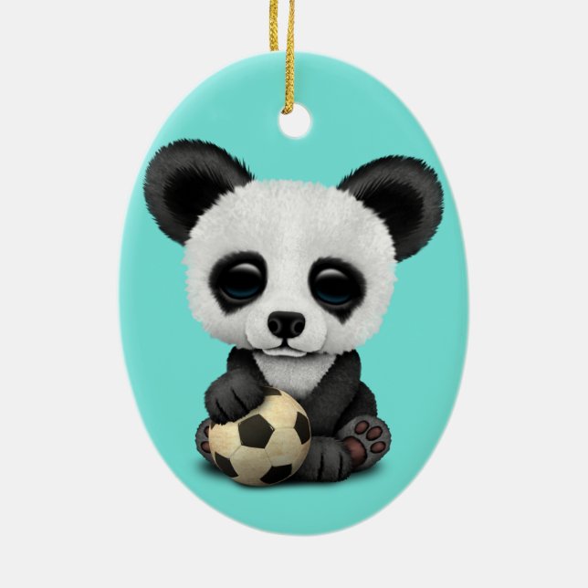 Cute Baby Panda With Football Soccer Ball Ceramic Ornament (Back)