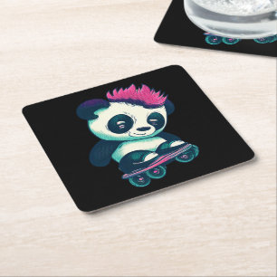 Cute Baby Panda with mohawk Skater Panda Square Paper Coaster