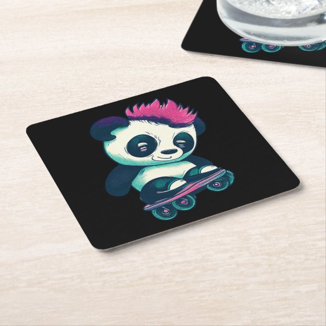 Cute Baby Panda with mohawk | Skater Panda Square Paper Coaster (Angled)