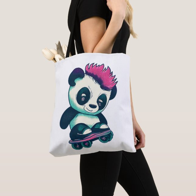Cute Baby Panda with mohawk | Skater Panda Tote Bag (Close Up)