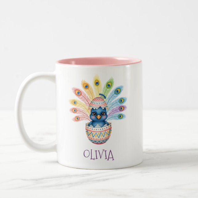 Cute Baby Peacock Hatching from Easter Egg Two-Tone Coffee Mug (Left)