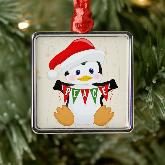 Cute Baby Penguin Holding Peace Banner  Metal Ornament (Tree)