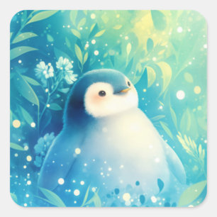 Cute Baby Penguin in Ethereal Teal Garden Square Sticker