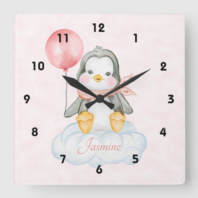 Cute Baby Penguin On A Cloud Square Wall Clock (Front)