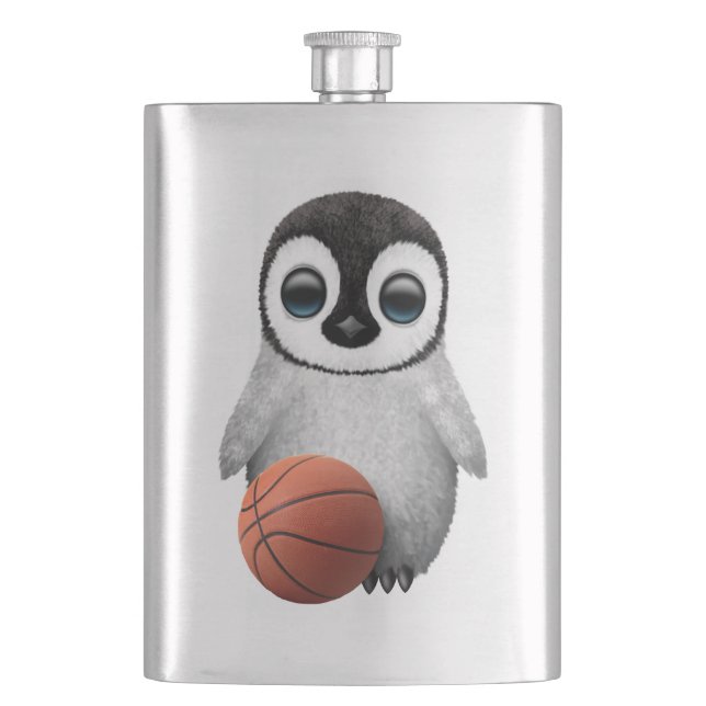 Cute Baby Penguin Playing With Basketball Hip Flask (Front)
