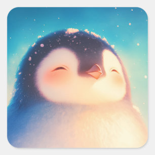 Cute Baby Penguin Smiling in Sunlit Blue Sky Square Sticker