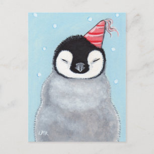 Cute Baby Penguin Wearing a Party Hat Painting Postcard