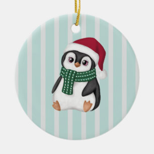 Cute Baby Penguin Wearing Santa Hat Christmas Ceramic Ornament