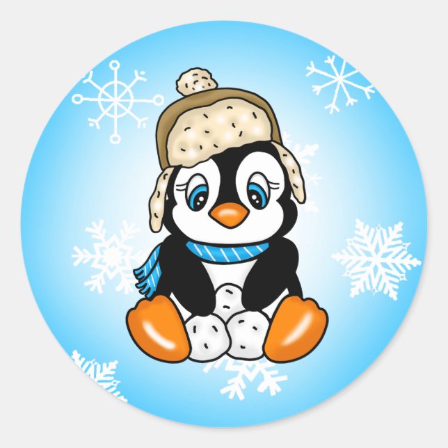 Cute Baby Penguin with Snowflakes Background Classic Round Sticker (Front)