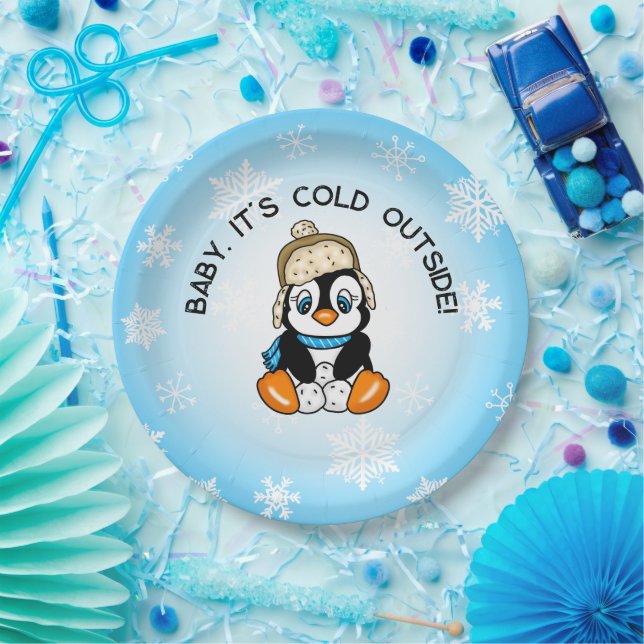 Cute Baby Penguin with Snowflakes Background Paper Plate (Party)