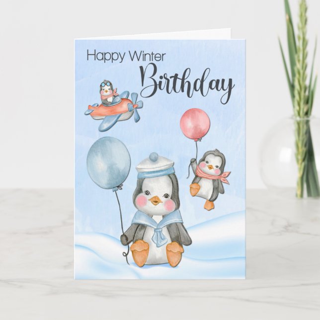 Cute Baby Penguins for Winter Birthday Card (Front)