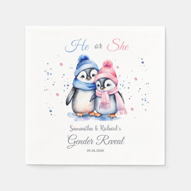 Cute Baby Penguins He or She Winter Gender Reveal  Napkin (Front)