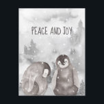 Cute Baby Penguins Winter Snow Peace and Joy  Postcard<br><div class="desc">Watercolor baby penguins and pine forest background winter postcard</div>