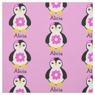 Cute Baby Penguins with Pink Flowers Fabric