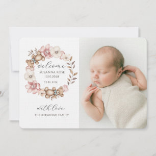 Cute Baby Photo Teddy Bear Wreath Birth Announcement