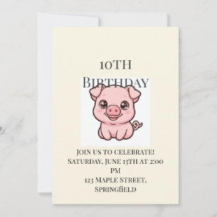 Cute Baby Pig 10th Birthday Invitation