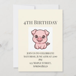 Cute Baby Pig 4th Birthday Invitation
