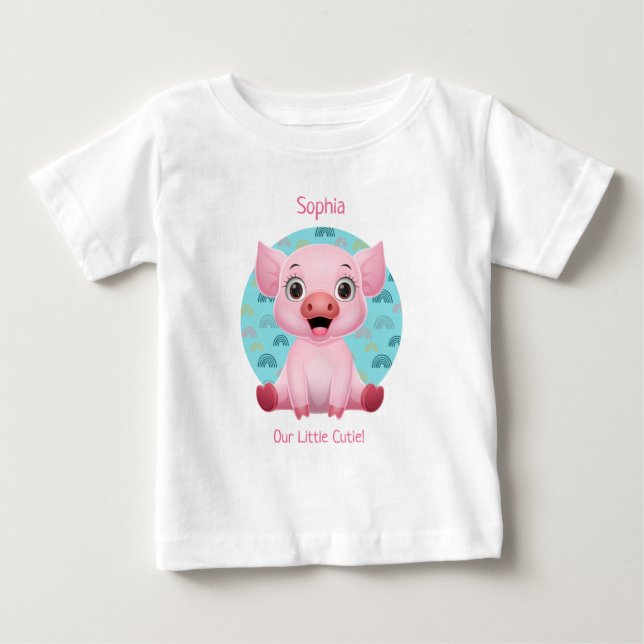 Cute Baby Pig Cartoon, DIY Name & Pink Text T-Shirt (Front)