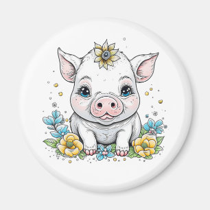 Cute Baby Pig in Flowers Cartoon Magnet