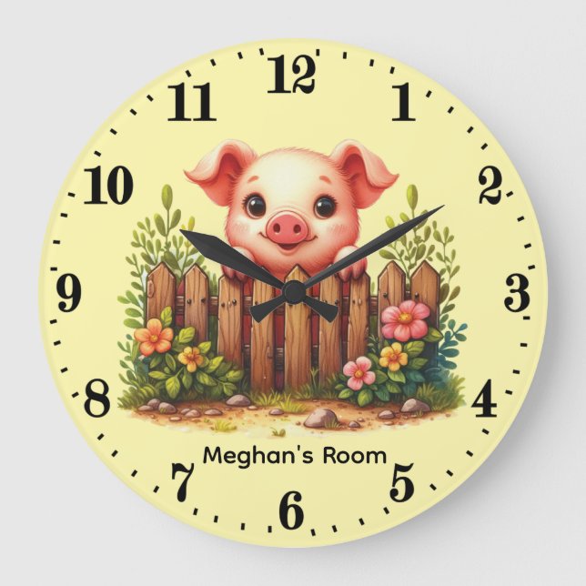 Cute baby pig nursery add name large clock (Front)