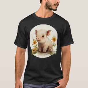 Cute Baby Pig Piglet Sunflower Floral Watercolor F T-Shirt