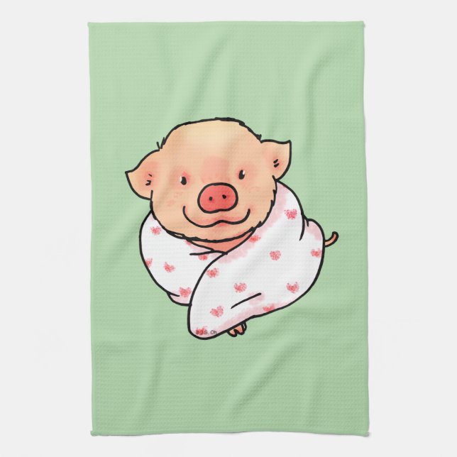 Cute Baby Pig Wrapped in Blanket Tea Towel (Vertical)