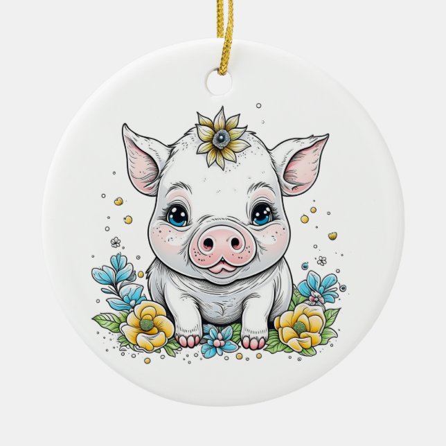 Cute Baby Piglet with Flower on her Head Ceramic Ornament (Front)