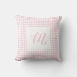 Cute Baby Pink and White Monogrammed Small Gingham Cushion