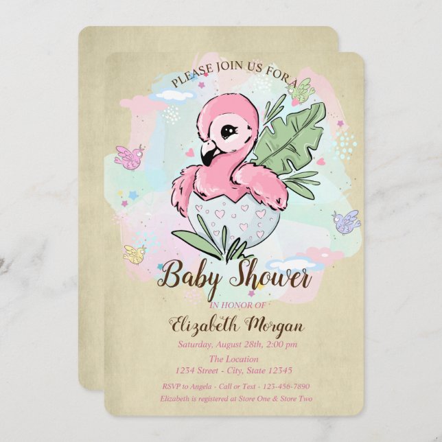 Cute Baby Pink Flamingo Butterflies Baby Shower  Invitation (Front/Back)